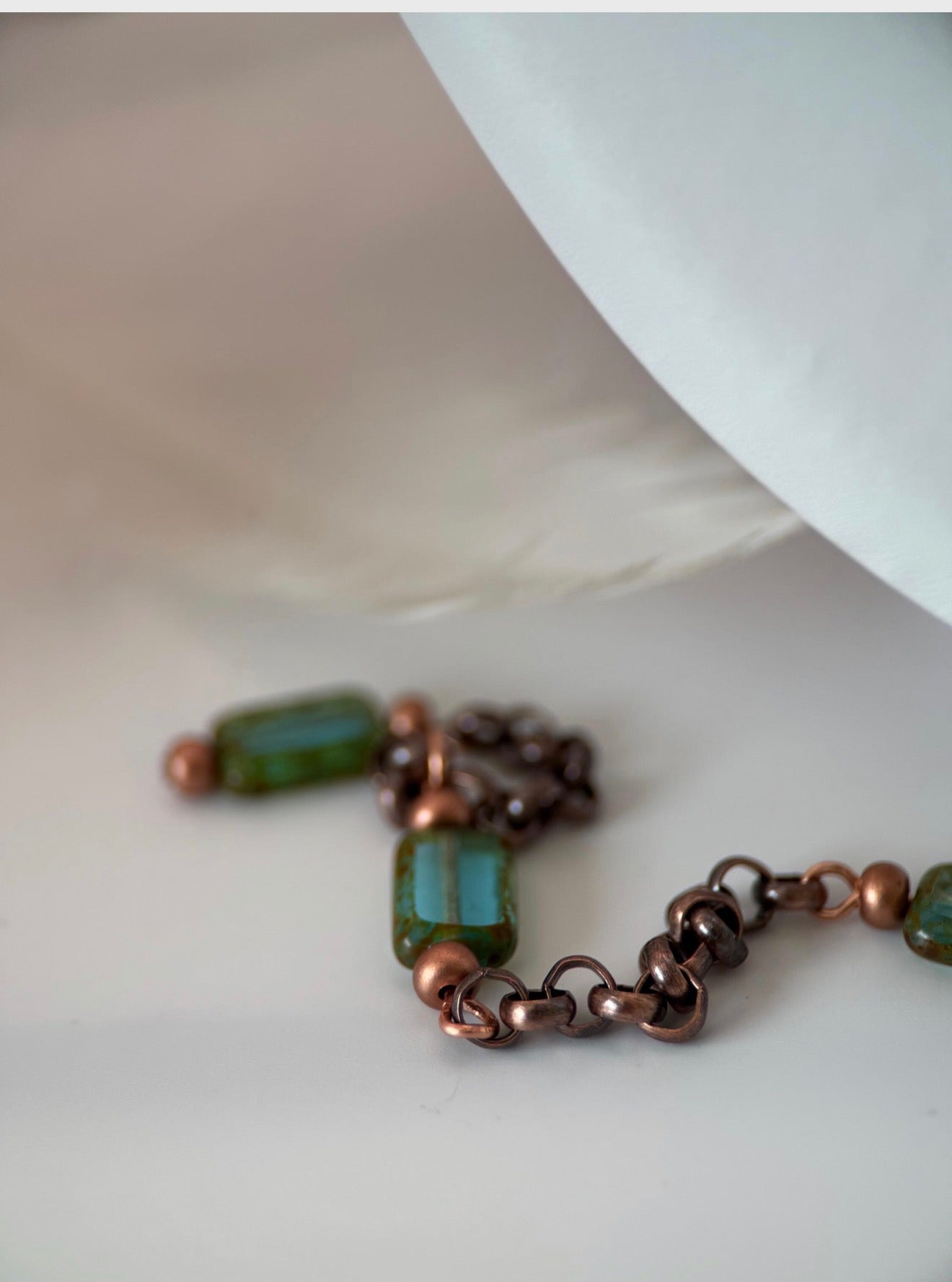 Lariat Aqua Czech Glass and Antique Copper Necklace