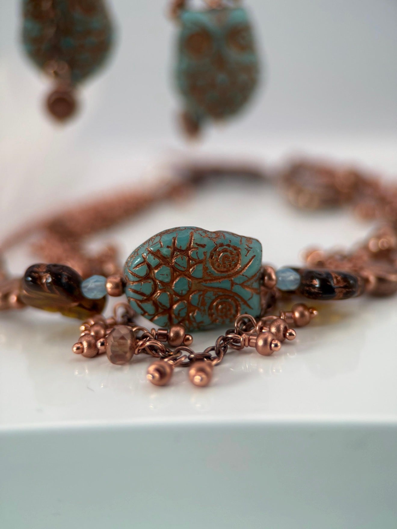 Medium Copper Owl Czech Glass Bracelet and Earrings Set