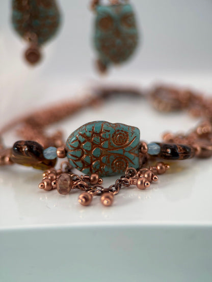 Medium Copper Owl Czech Glass Bracelet and Earrings Set