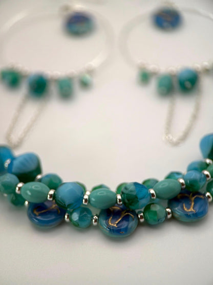Medium Turquoise Bird Czech Glass Bracelet and Earrings Set