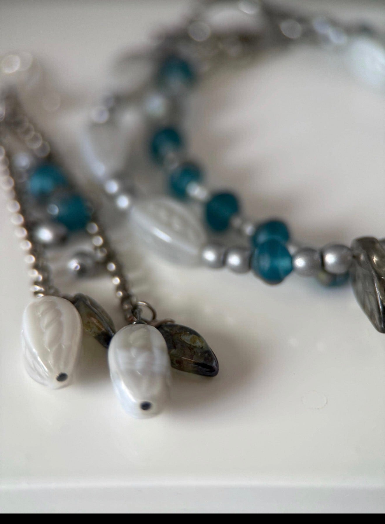 Medium Silver & Teal Czech Glass Earrings and Double Strand Bracelet
