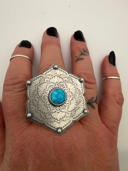 Kingman Turquoise and Silver Mandala Ring