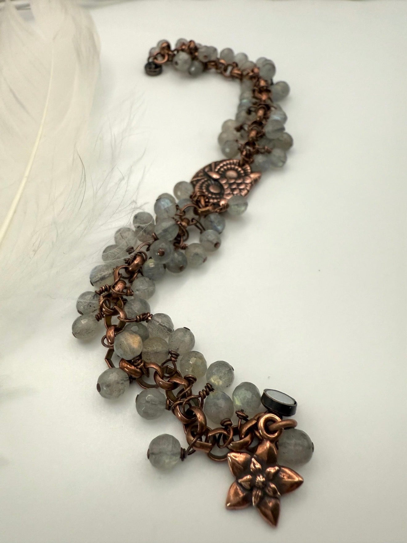 Medium Antique Copper and Labradorite Owl Bracelet