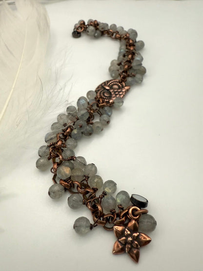 Medium Antique Copper and Labradorite Owl Bracelet