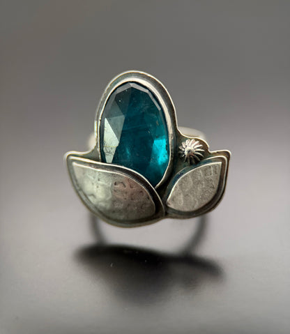 Teal Kyanite and Leaf Silver Ring