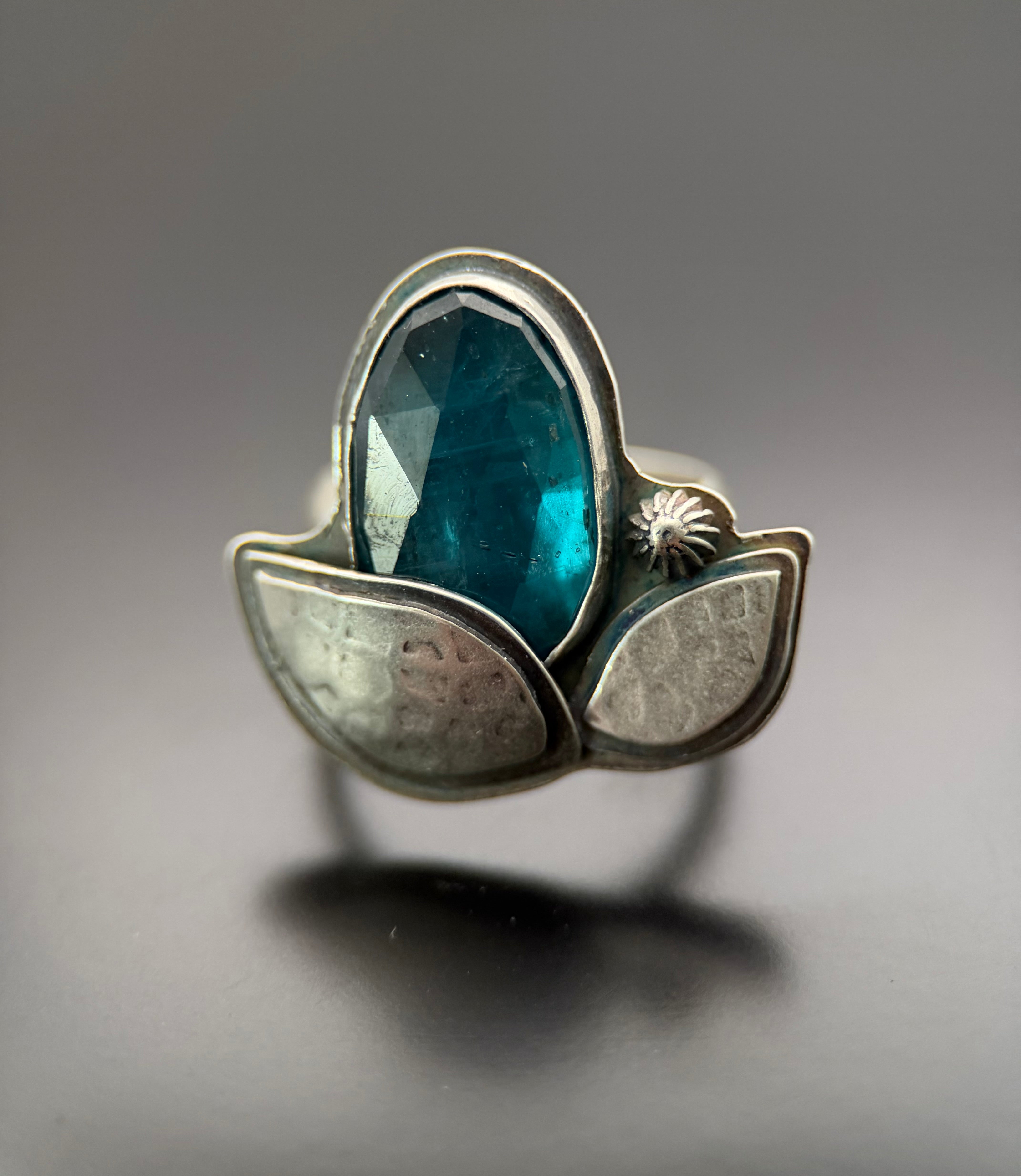Teal Kyanite and Leaf Silver Ring