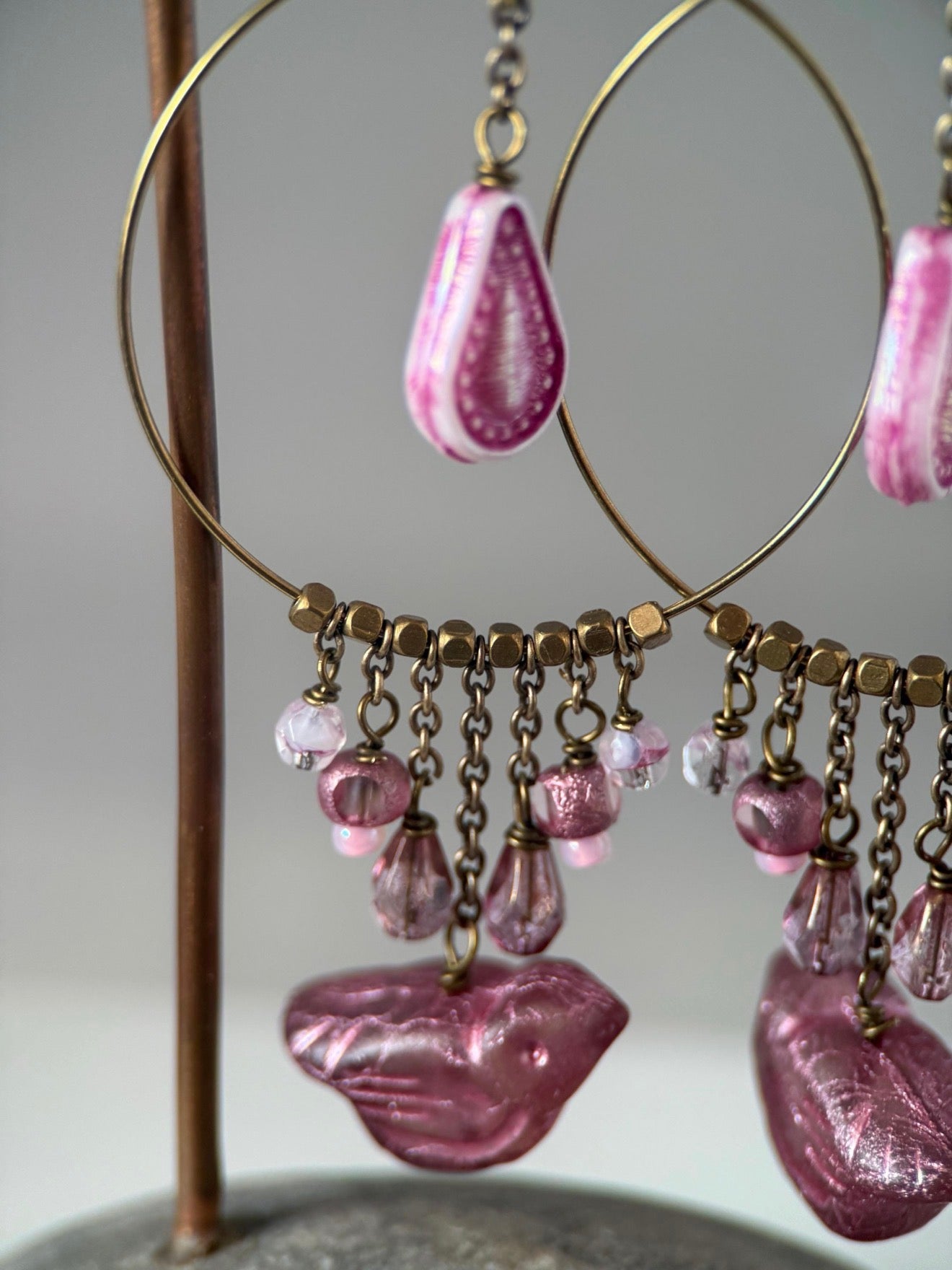 Brass Czech Glass Pink Bird Earrings
