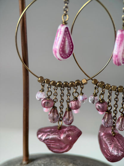 Brass Czech Glass Pink Bird Earrings