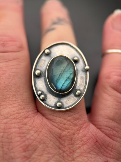 Blue Labradorite Shadowbox Silver Balls Ring