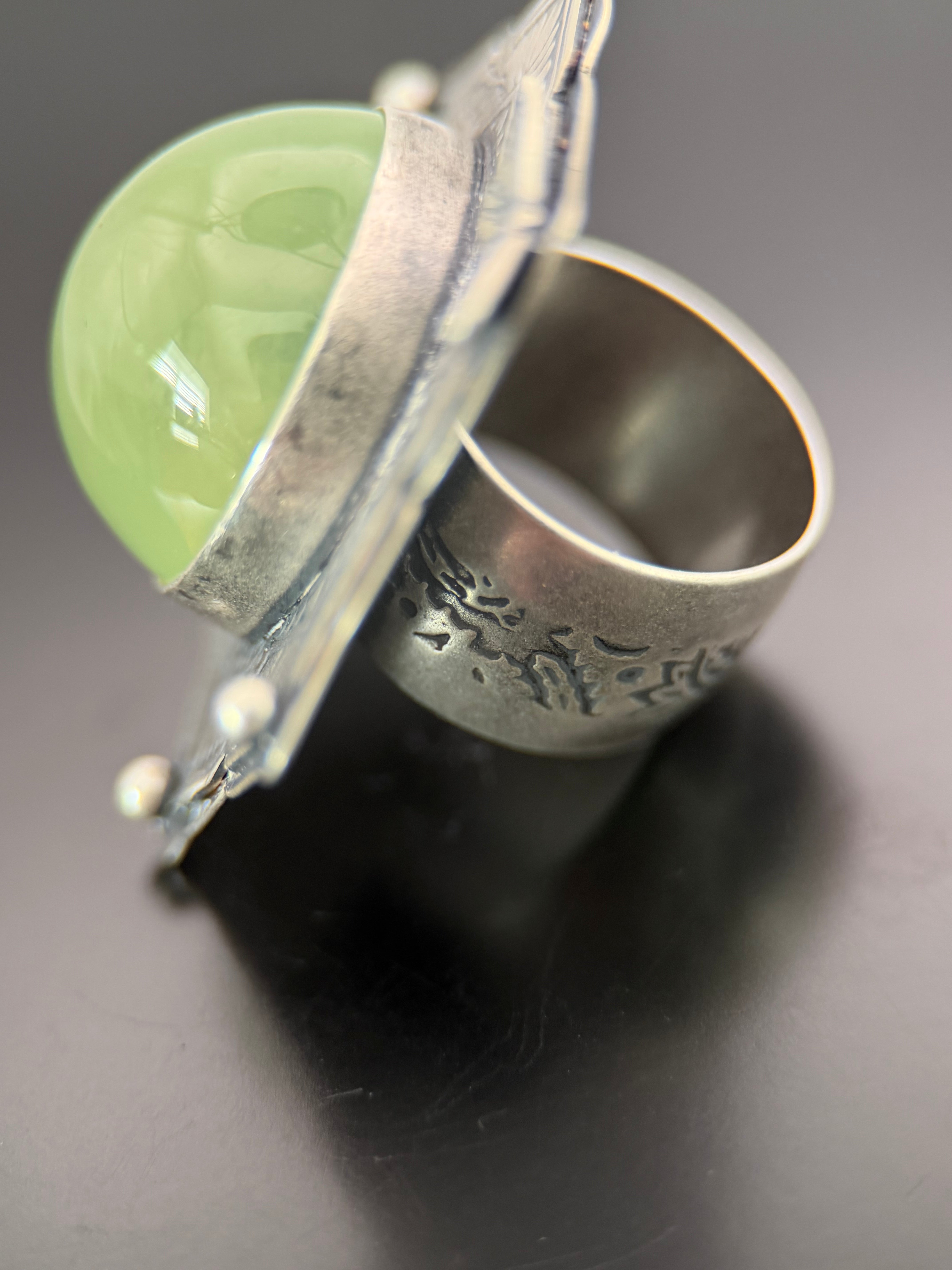 Prehnite Silver Mandala Butterfly Statement Ring
