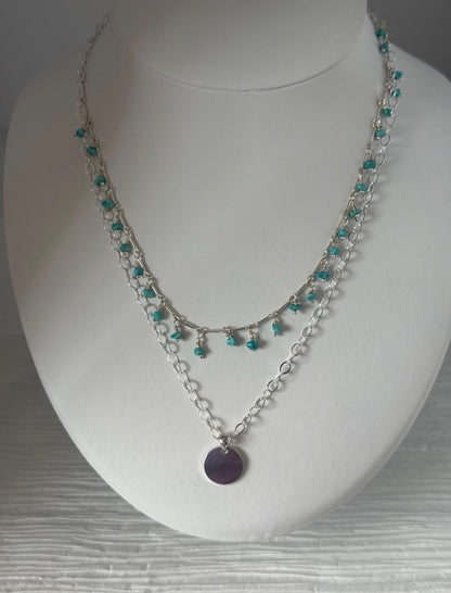 Layered Turquoise and Coin Charm Necklace