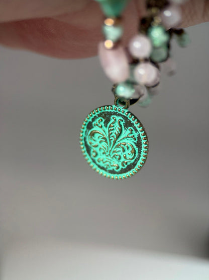 Medium Brass, Rose Quartz, Green Chalcedony and Czech Glass Flower Double Strand Bracelet