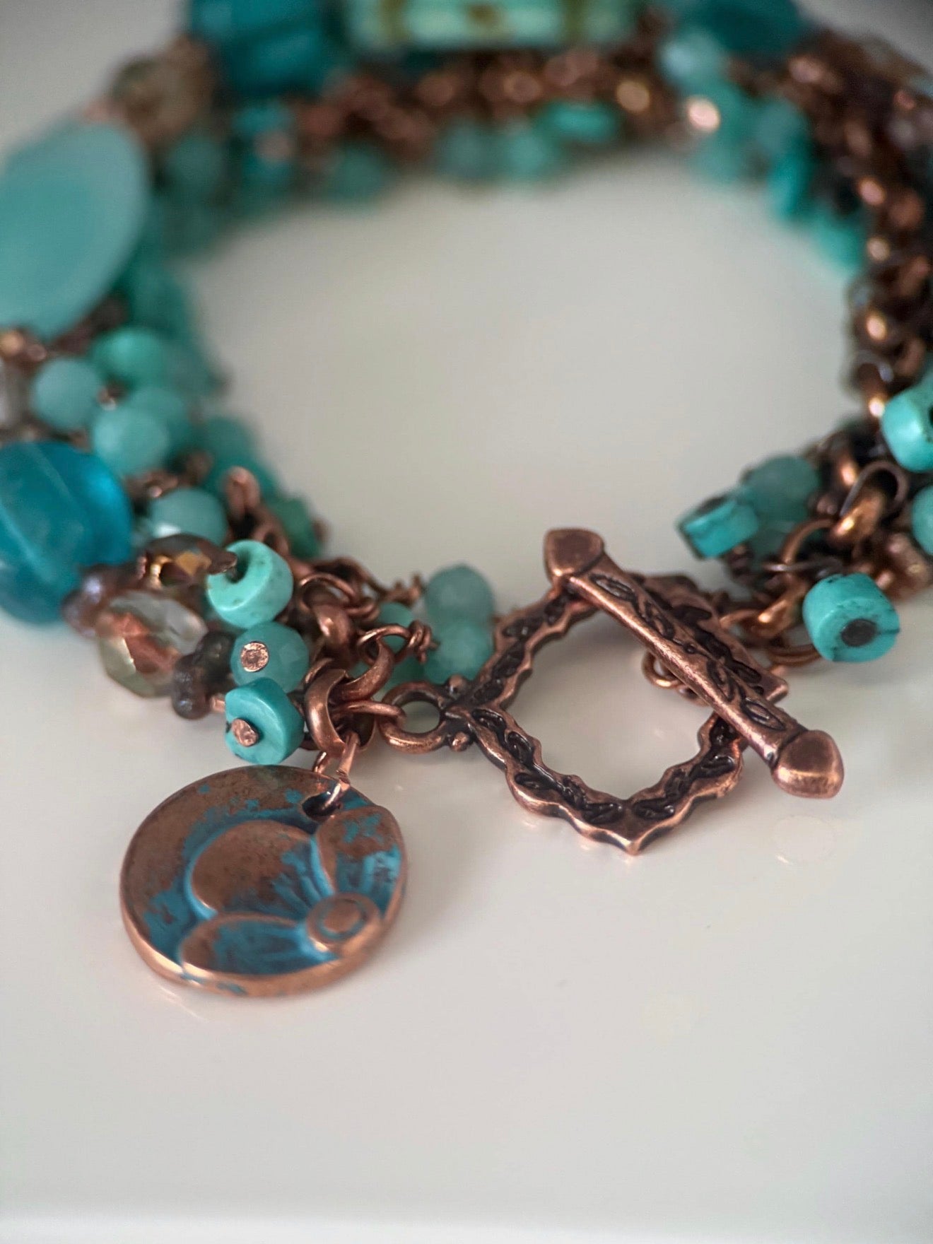 Medium Copper, Amazonite, Turquoise, and Czech Glass Double Strand Bracelet