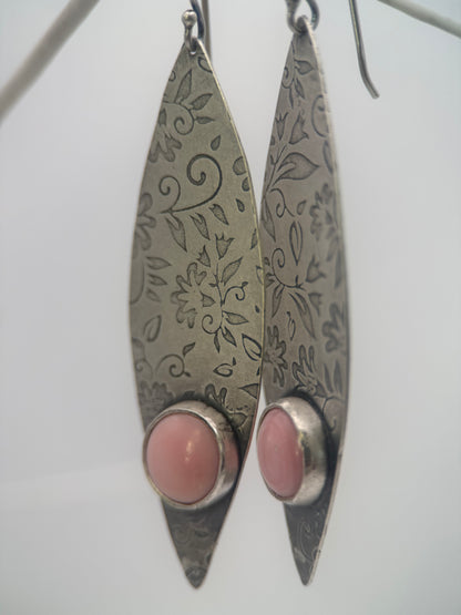Pink Conch Shell Silver Floral Earrings