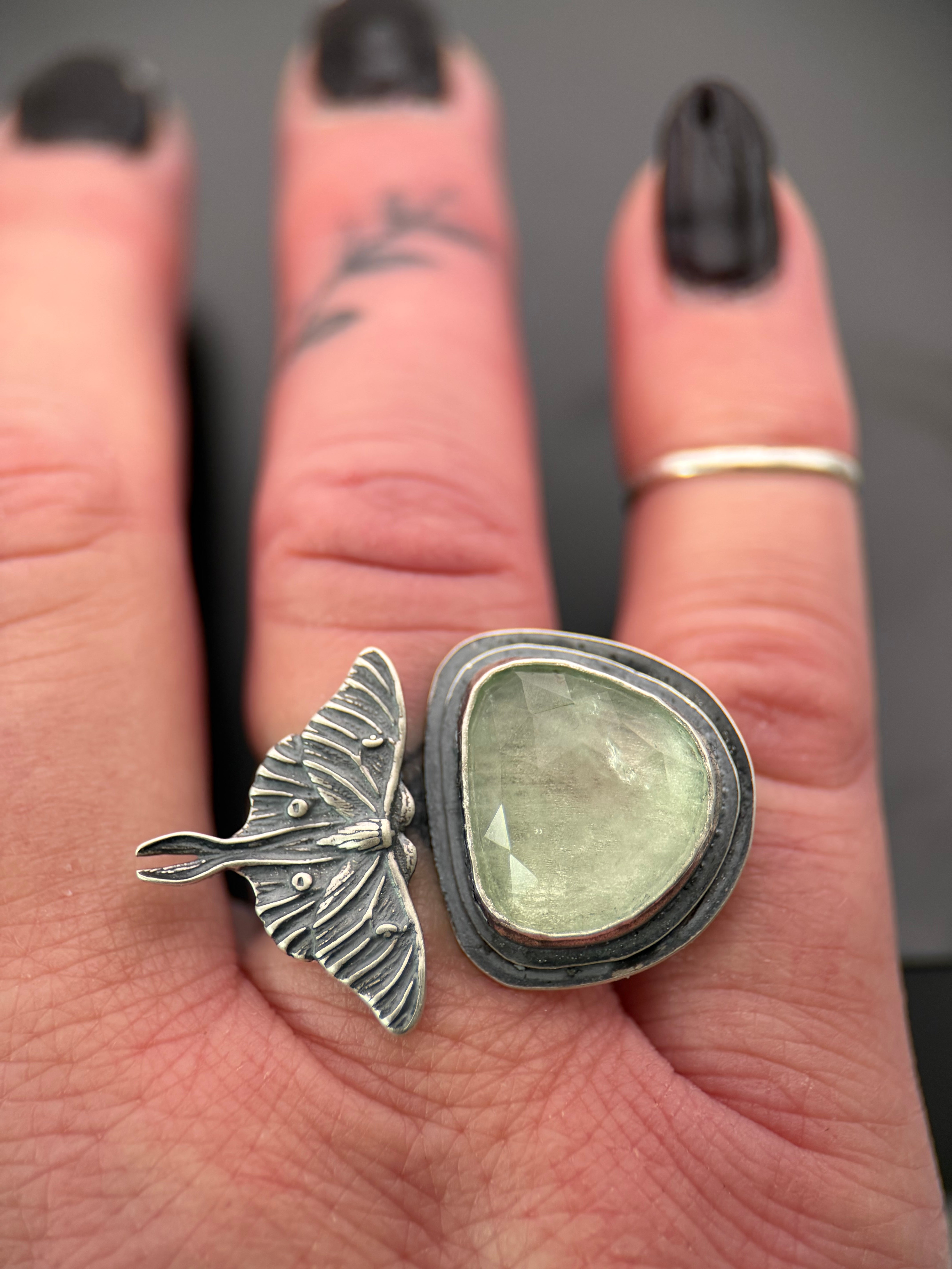 Luna Moth and Tourmaline Open Concept Silver Ring