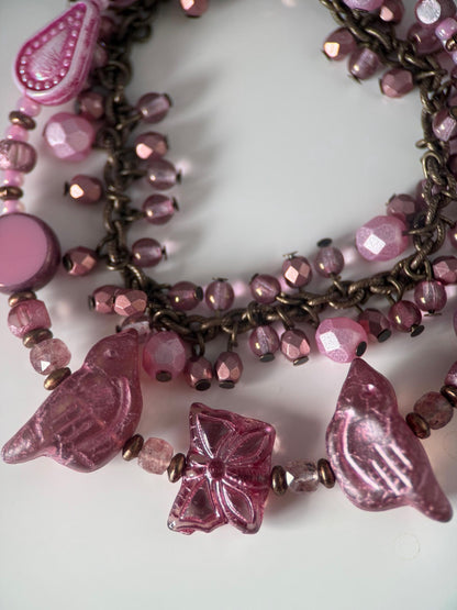 Medium Brass Czech Glass Pink Bird Double Strand Bracelet