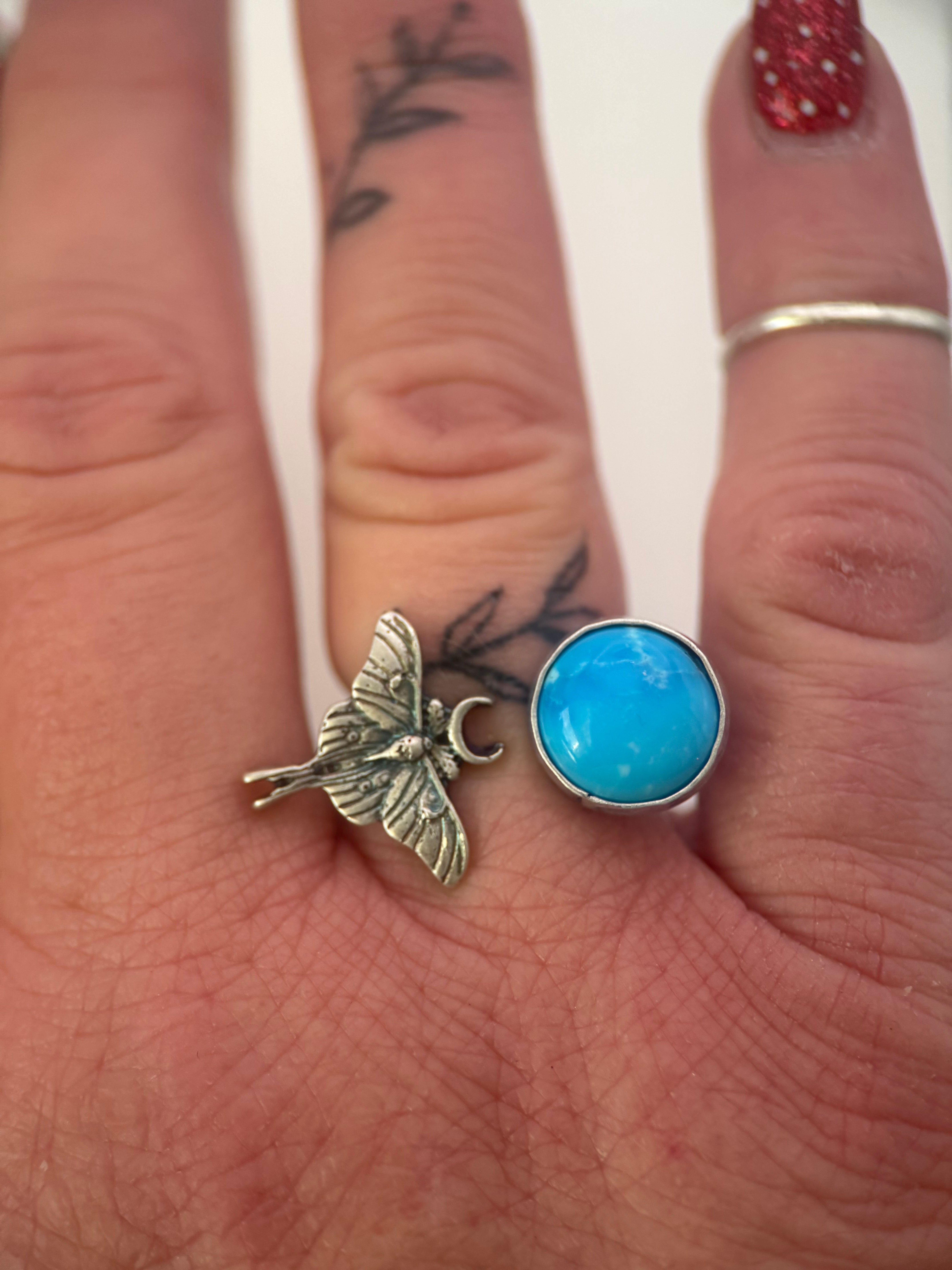 Kingman Turquoise and Moth Adjustable Ring