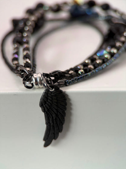 Medium Black Owl Czech Glass Bracelet and Earrings Set