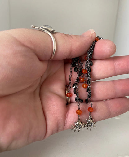 Black Spinel, Carnelian, and Spider Dangle Halloween Earrings