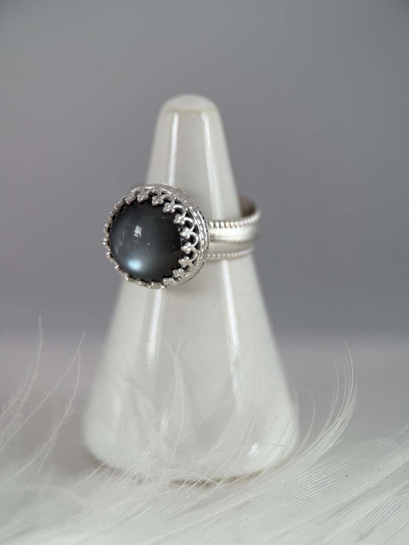 Round Gray Moonstone Solitaire Ring