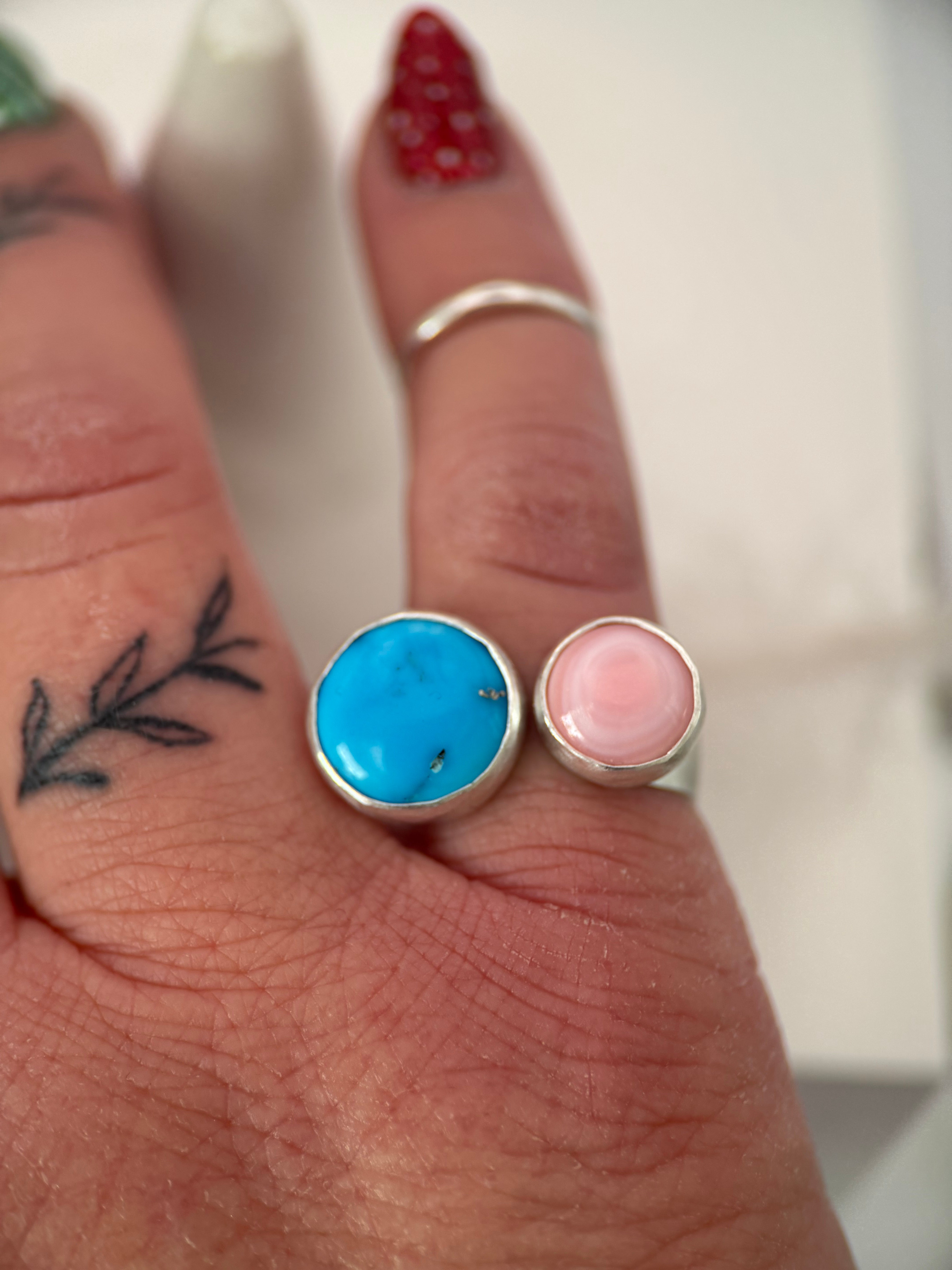 Bluebird Turquoise and Pink Conch Adjustable Ring