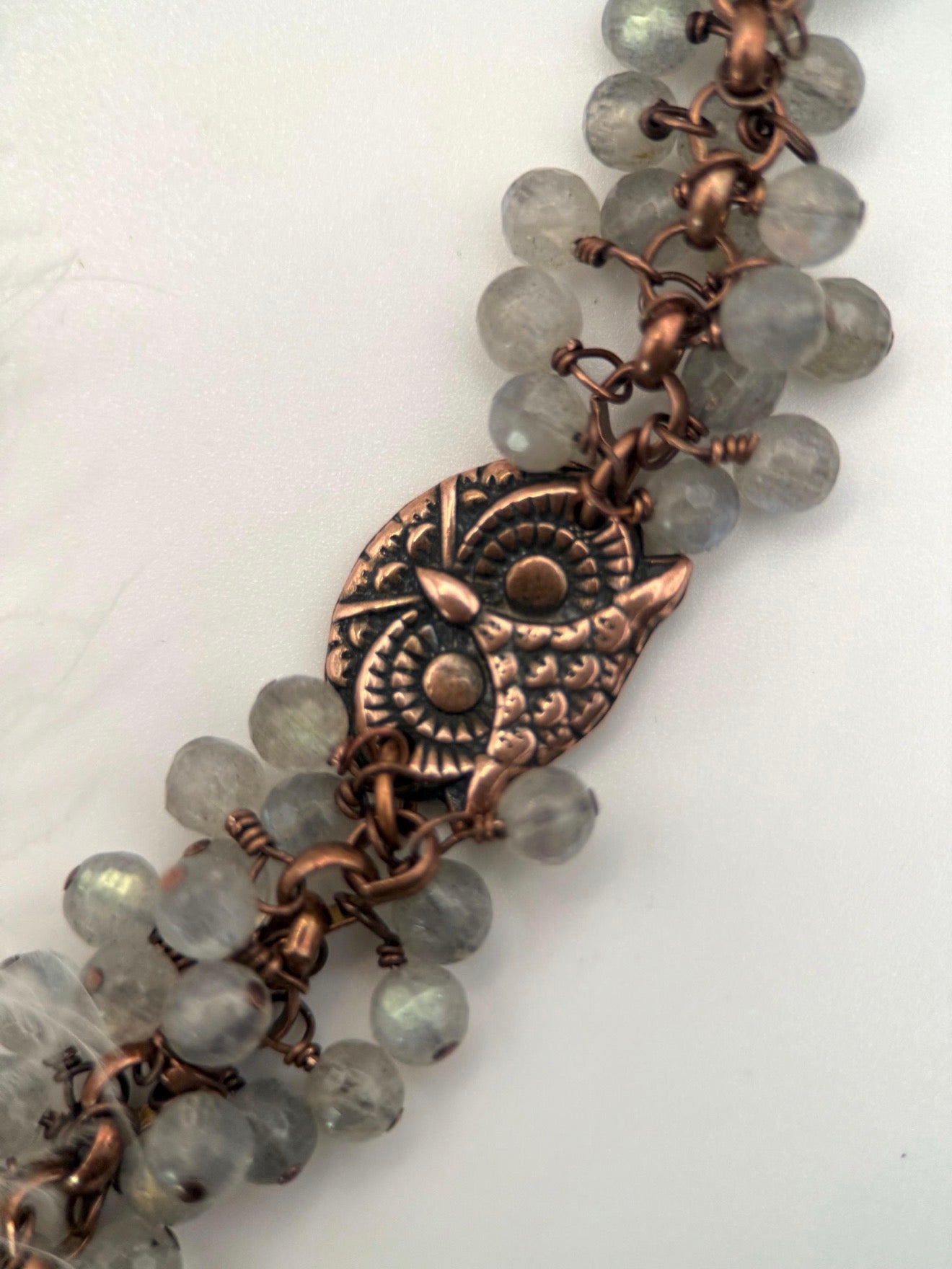 Medium Antique Copper and Labradorite Owl Bracelet