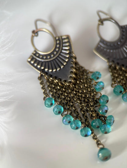 Brass Czech Glass Blue Arrow Earrings