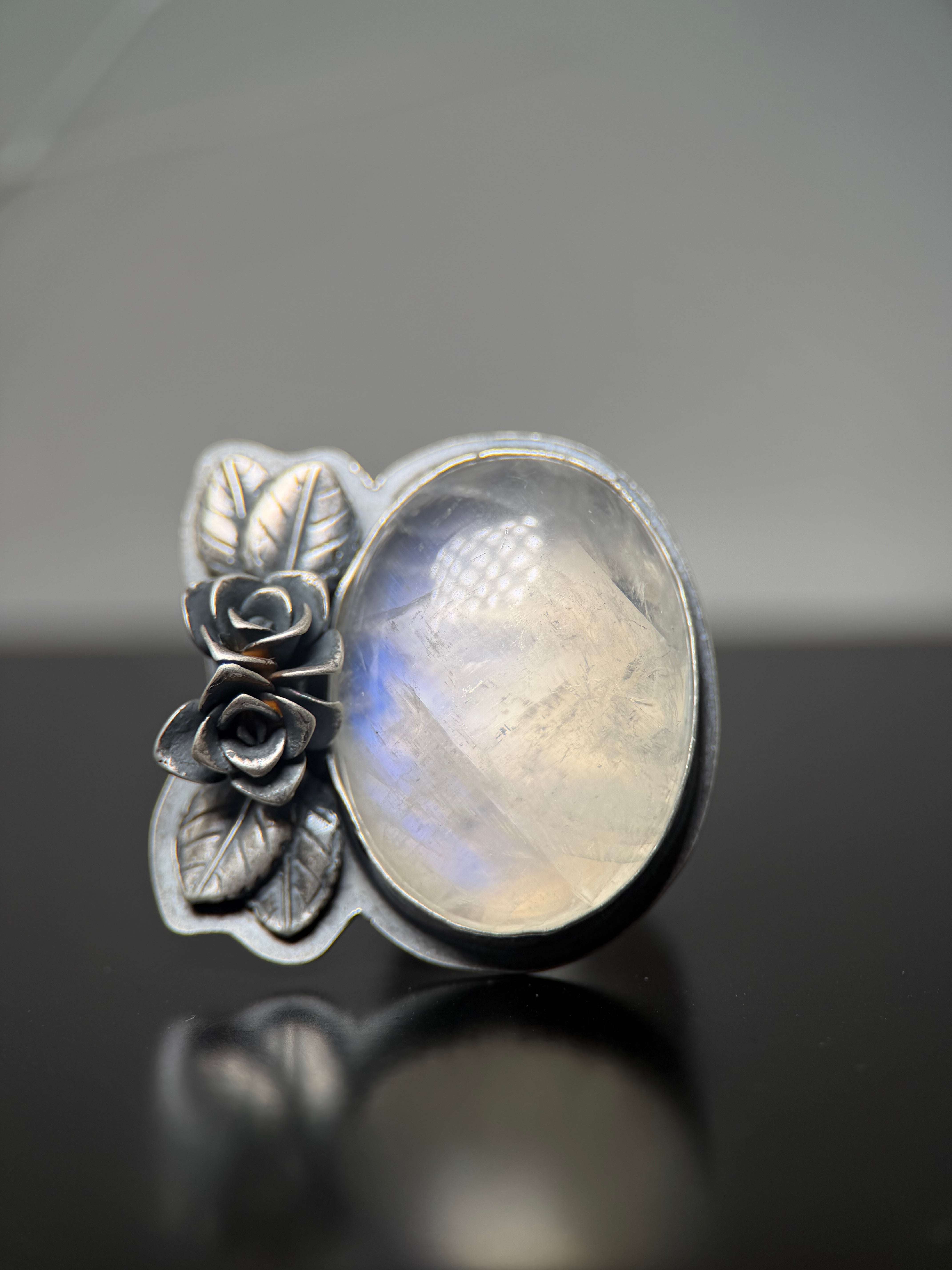 Oval Rainbow Moonstone Silver Rose Statement Ring