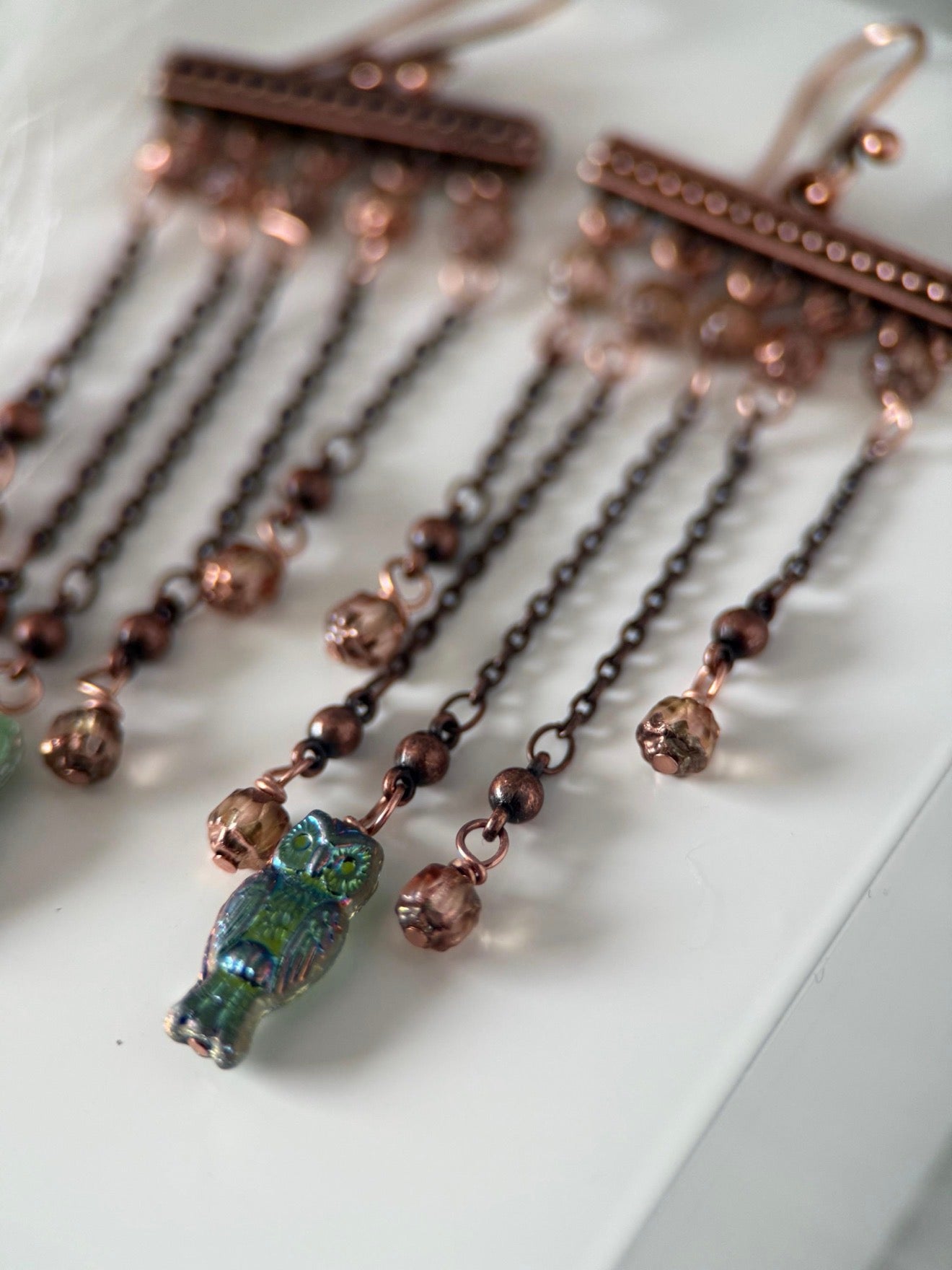 Copper Czech Glass Owl Earrings