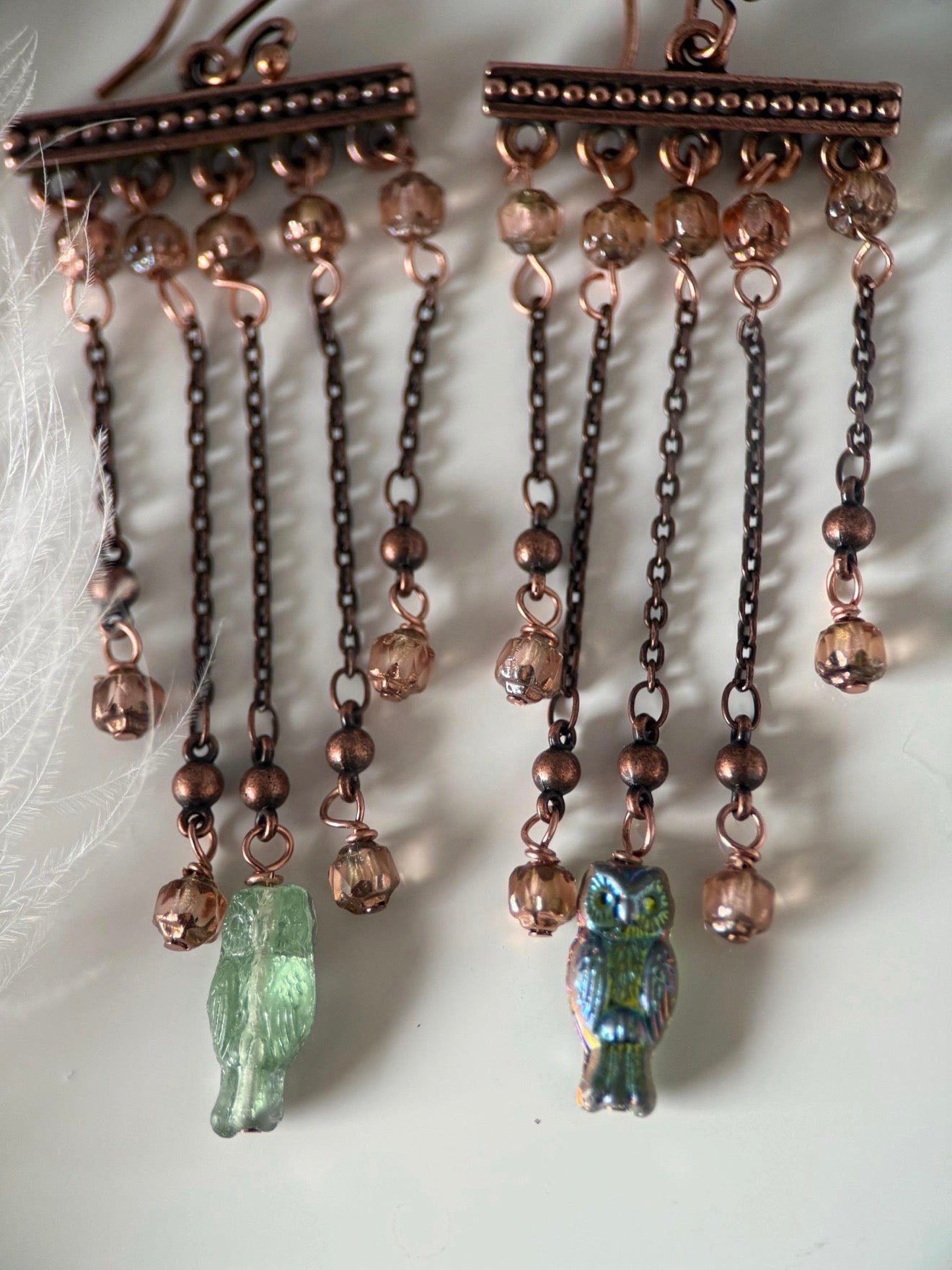 Copper Czech Glass Owl Earrings