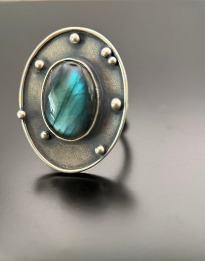 Blue Labradorite Shadowbox Silver Balls Ring