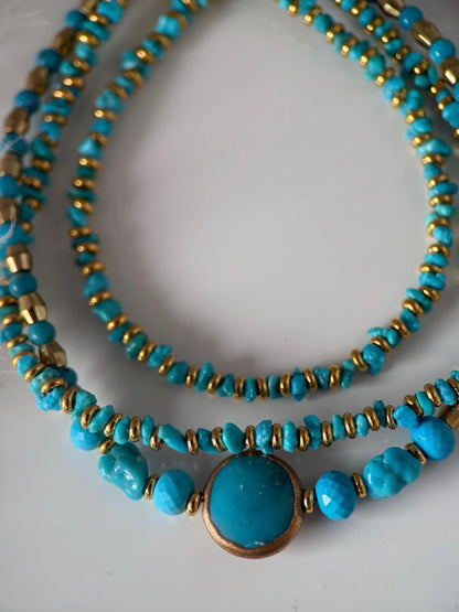 Medium Gold and Turquoise Triple Strand Bracelet and Earrings Set