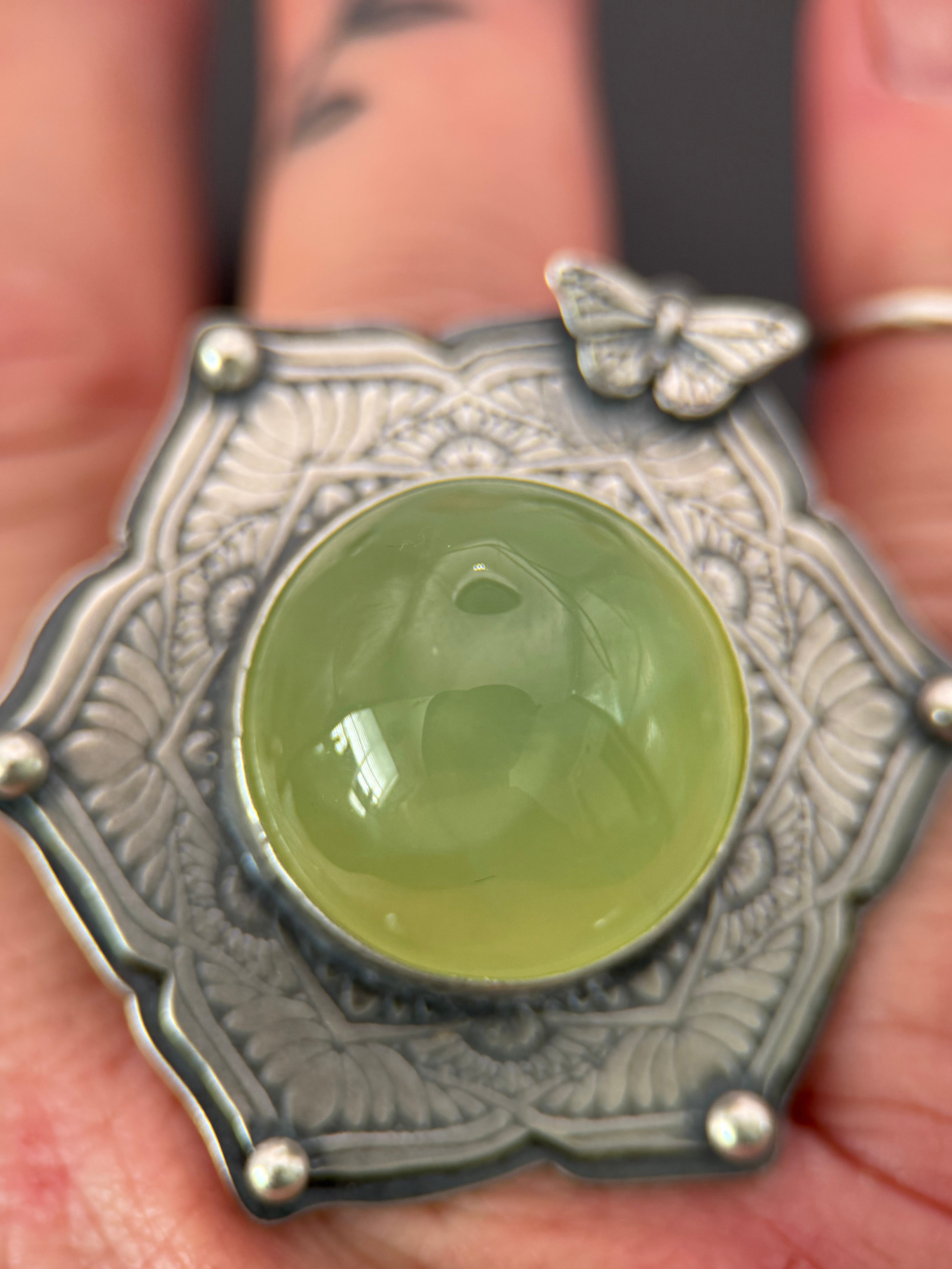 Prehnite Silver Mandala Butterfly Statement Ring