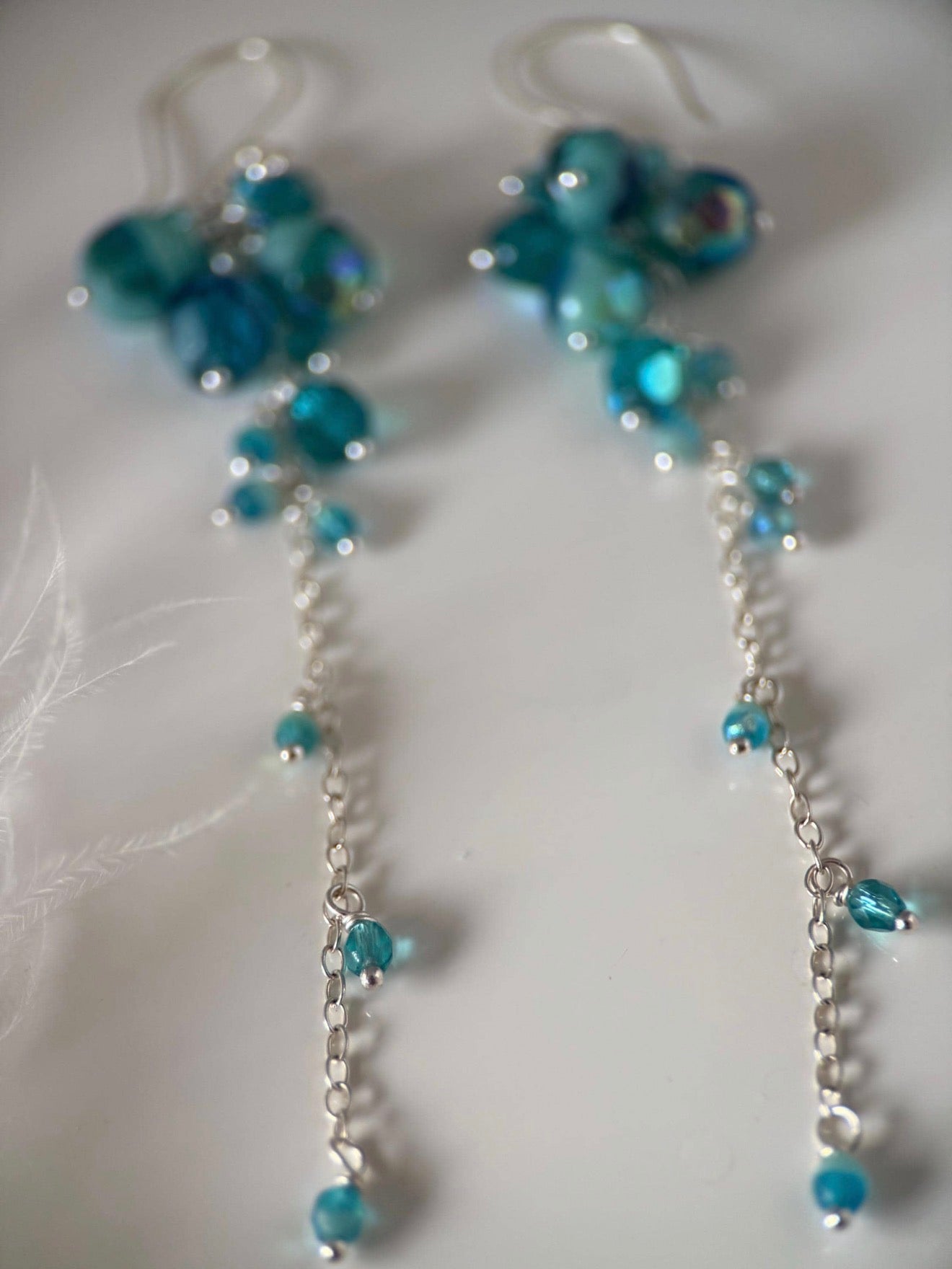 Turquoise and Silver Czech Glass Reverse Cluster Earrings