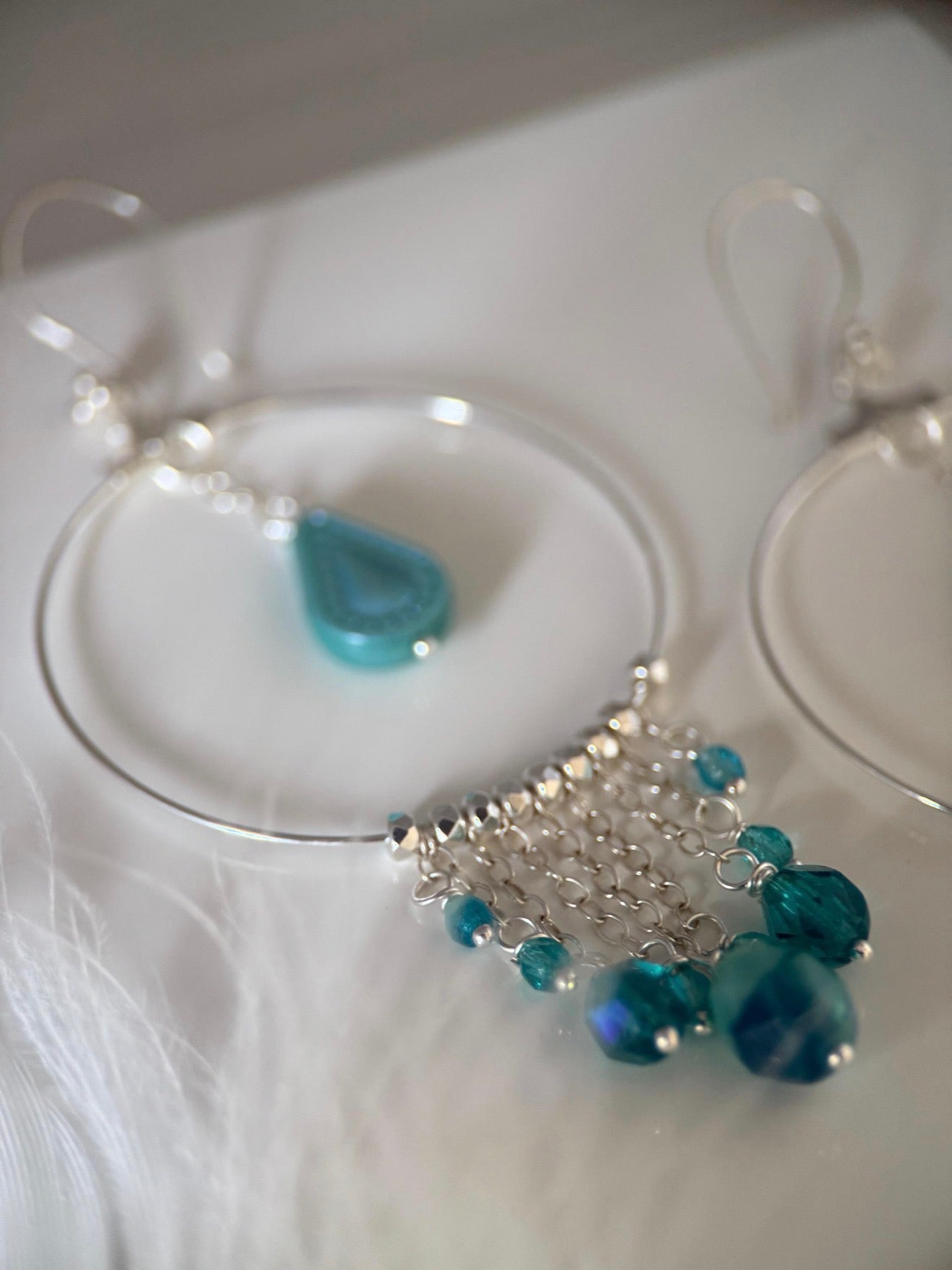 Turquoise and Silver Czech Glass Statement Earrings