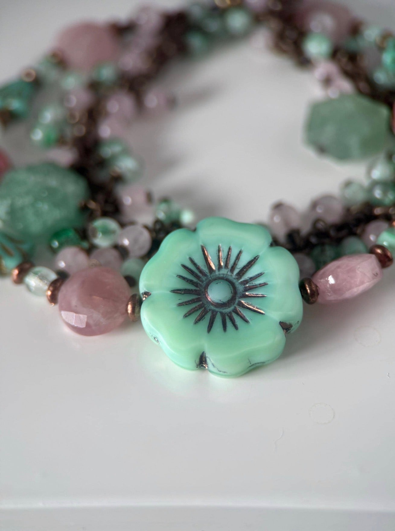 Medium Brass, Rose Quartz, Green Chalcedony and Czech Glass Flower Double Strand Bracelet