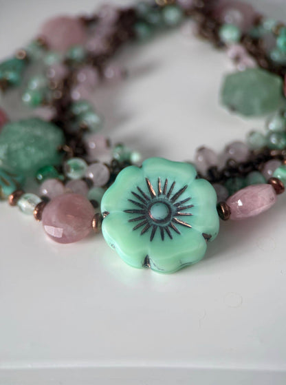 Medium Brass, Rose Quartz, Green Chalcedony and Czech Glass Flower Double Strand Bracelet