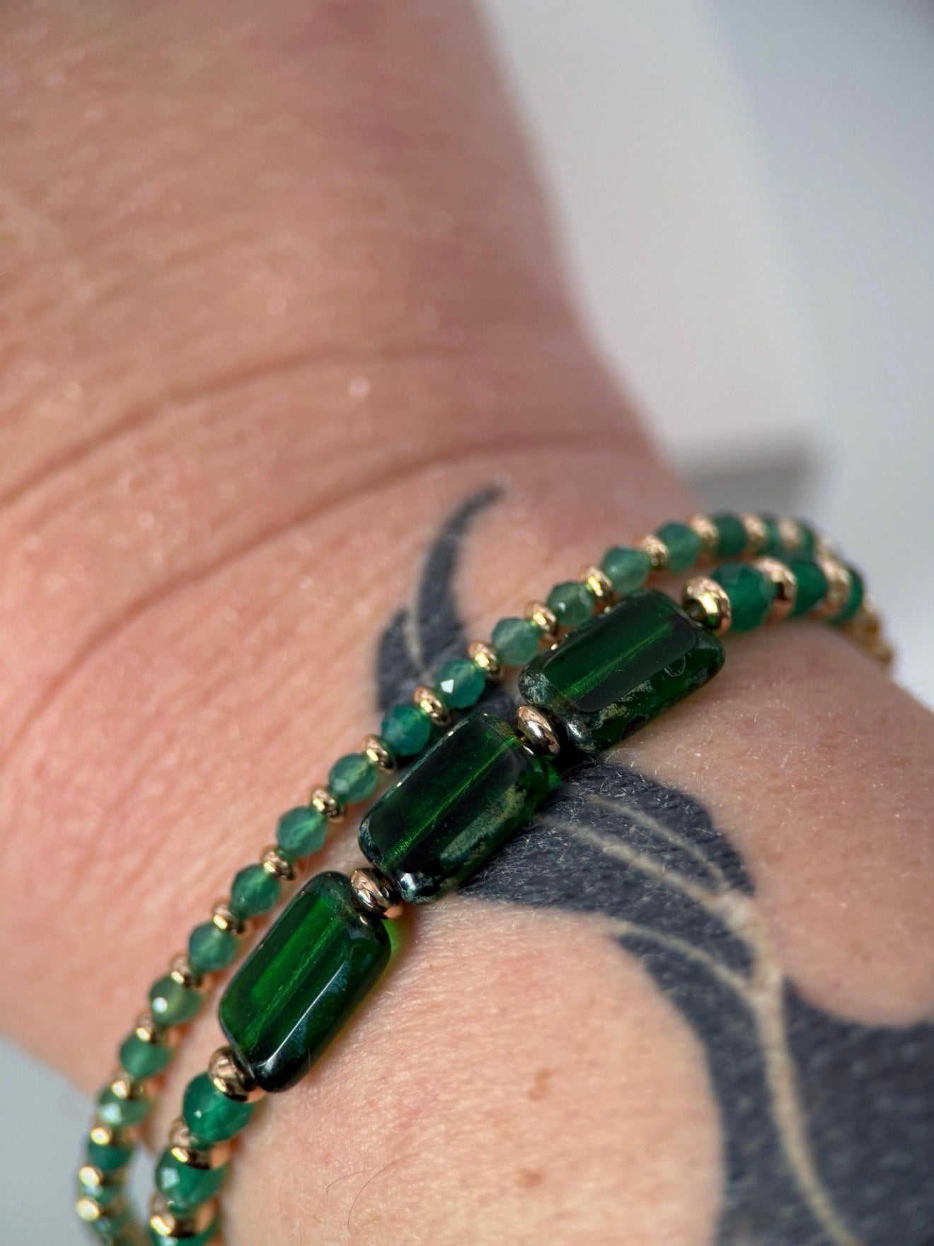 Medium Emerald Green Agate & Czech Glass Double Strand Bracelet