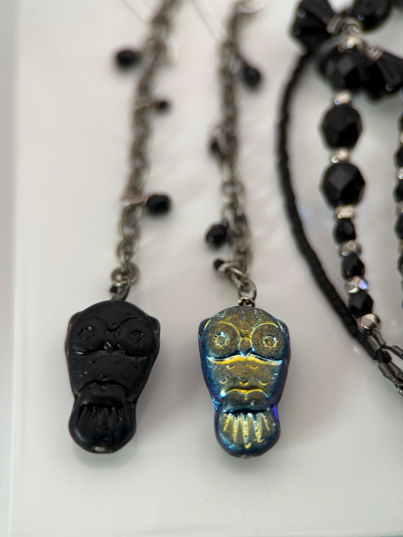 Medium Black Owl Czech Glass Bracelet and Earrings Set