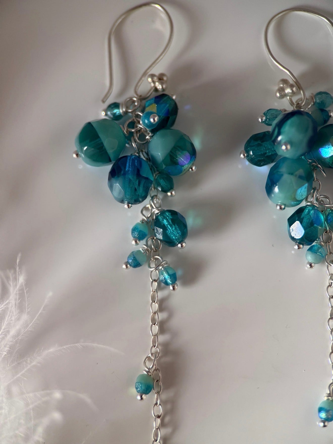 Turquoise and Silver Czech Glass Reverse Cluster Earrings
