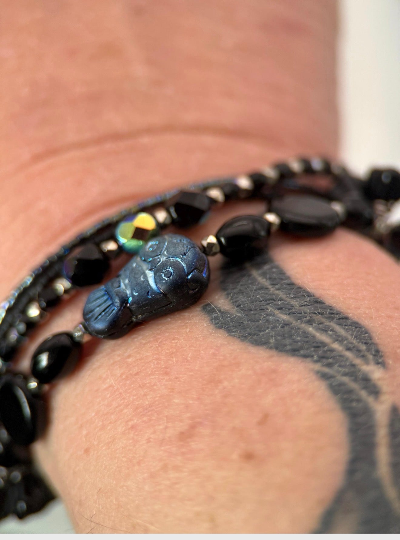 Medium Black Owl Czech Glass Bracelet and Earrings Set