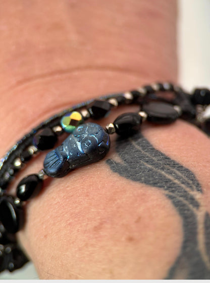 Medium Black Owl Czech Glass Bracelet and Earrings Set