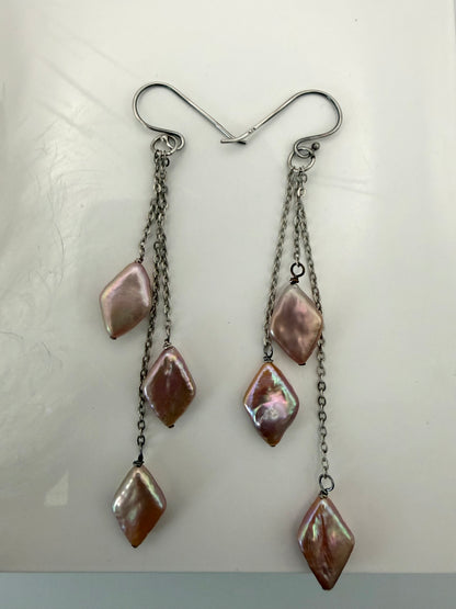 Diamond Pink Pearl and Silver Earrings