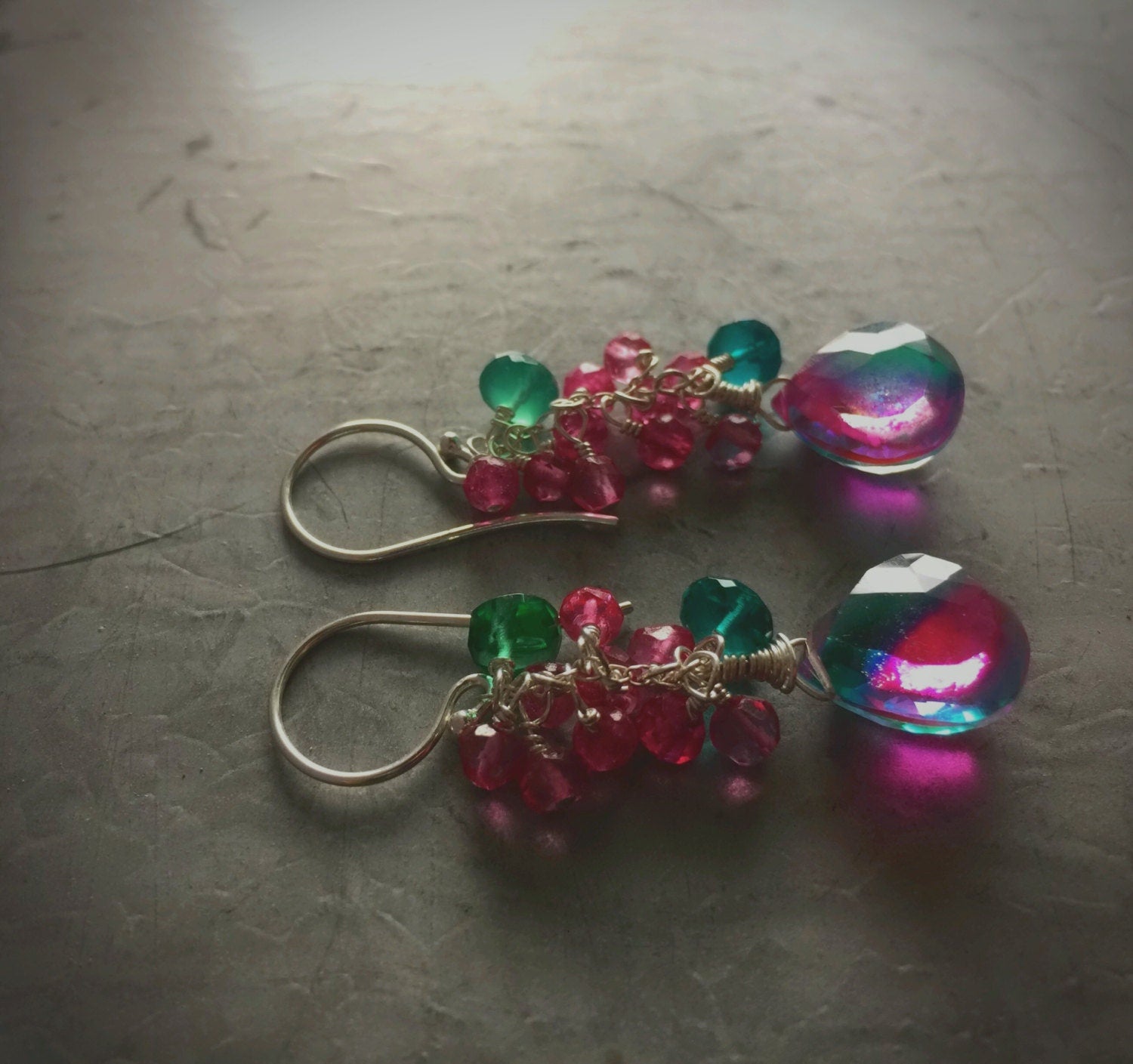 Teal and Hot Pink Quartz Earrings