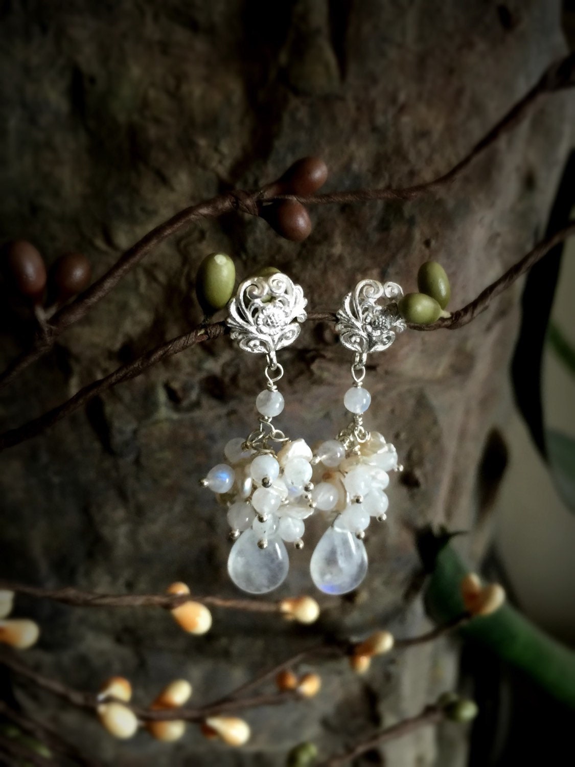 Rainbow Moonstone and Cream Keshi Pearl Silver Earrings