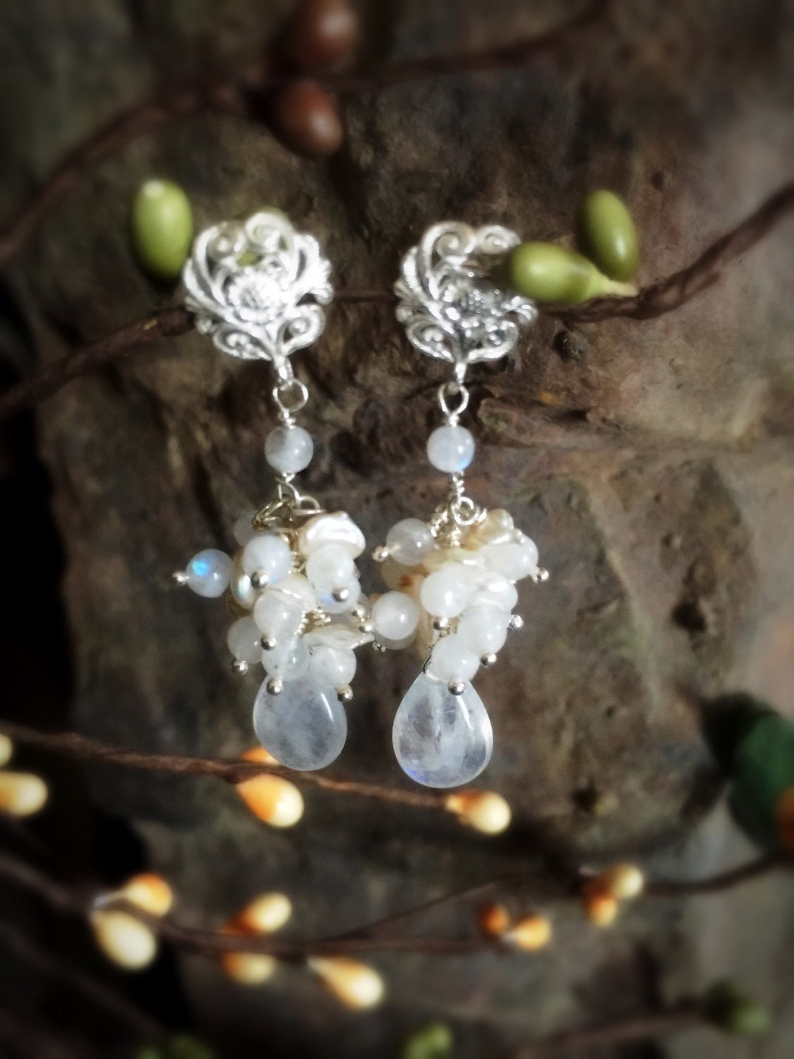 Rainbow Moonstone and Cream Keshi Pearl Silver Earrings