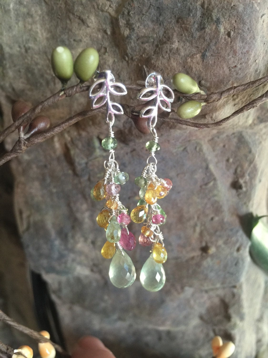 Sunny Tourmaline, Prehnite, and Yellow Sapphire Drop Earrings