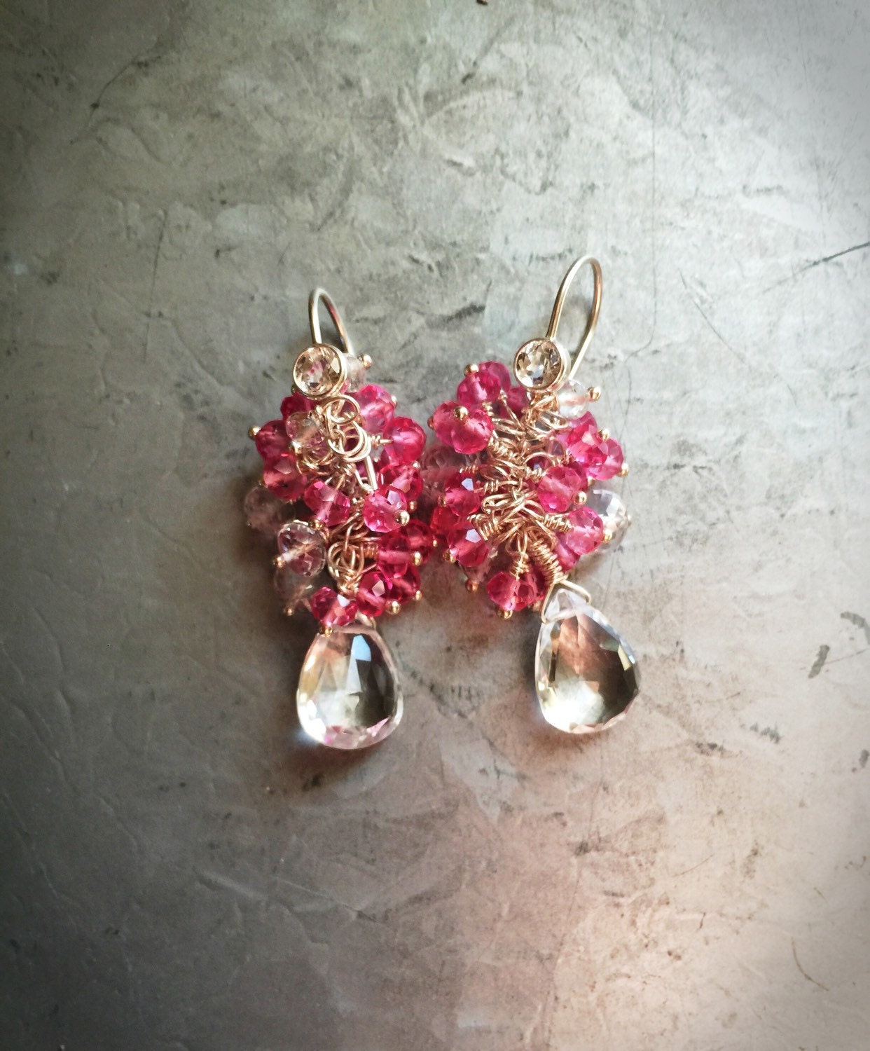 White Topaz and Hot Pink Topaz Silver Cluster Earrings