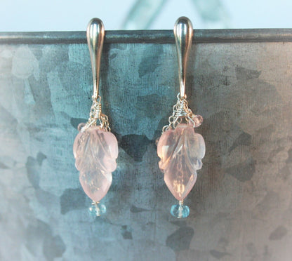 Petal Pink Carved Rose Quartz and Santa Maria Aquamarine Silver Earrings