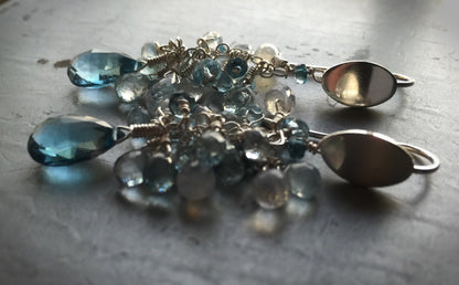 Beautiful London Blue Topaz, Aquamarine, and Moonstone Cluster Earrings